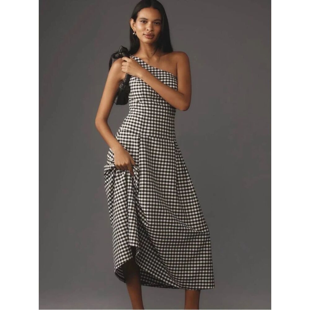 By Anthropologie One-Shoulder Gingham Midi Dress